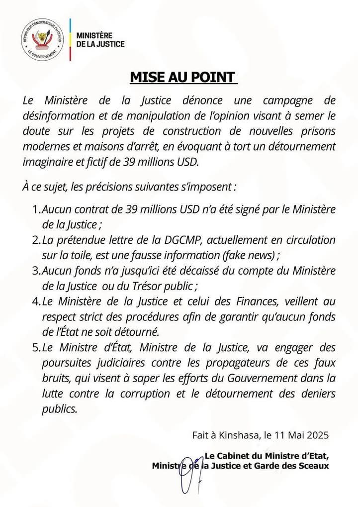 Construction des prisons : Constant Mutamba sous des rumeurs de détournement, le Ministère de la Justice dément